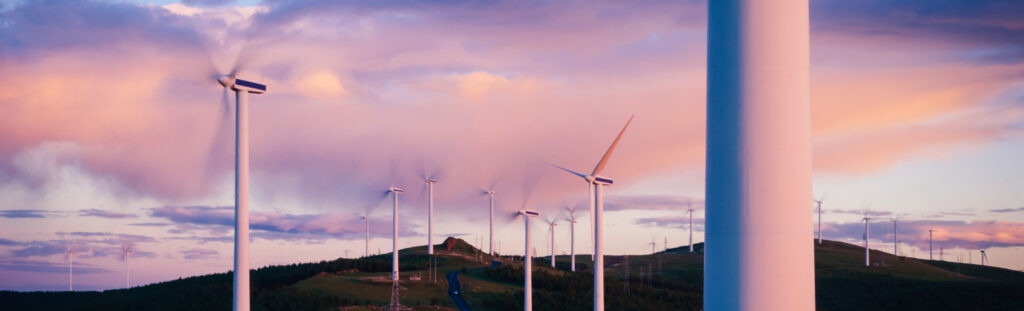 Wind turbines in dawn lighting
